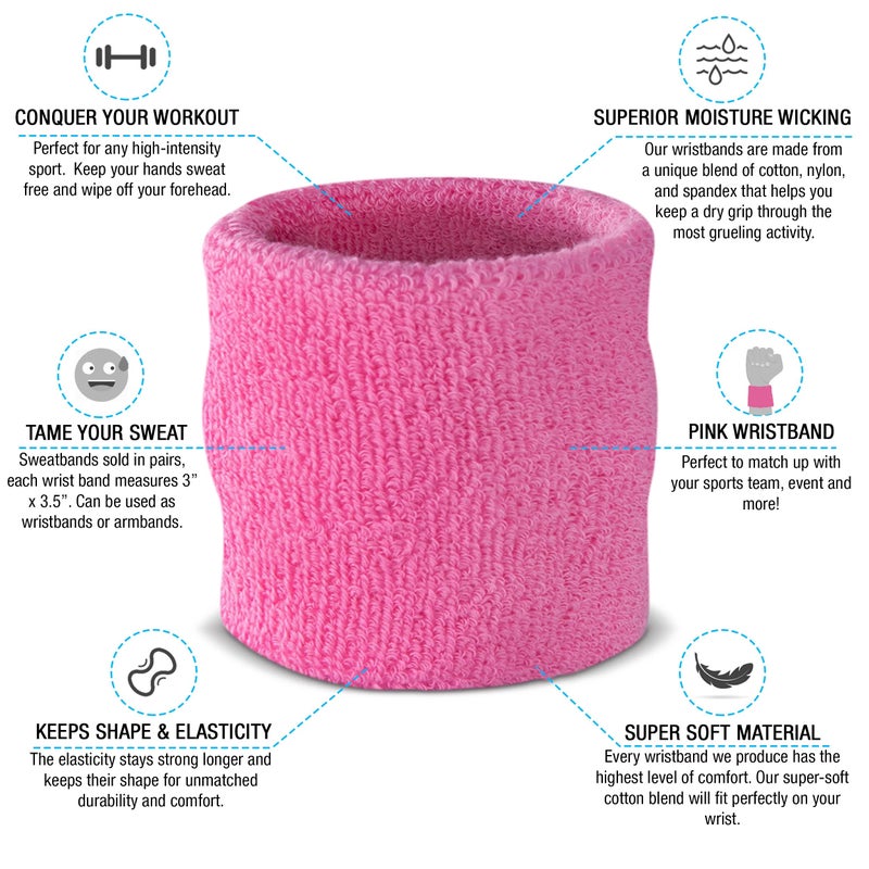 Suddora Wrist Sweatbands, Absorbent and Breathable Thick Cotton Bands for Working Out, Gymnastics, Basketball, Tennis, and Football, Multiuse Wristbands for Costumes and Cosplay, Pink - Image 2